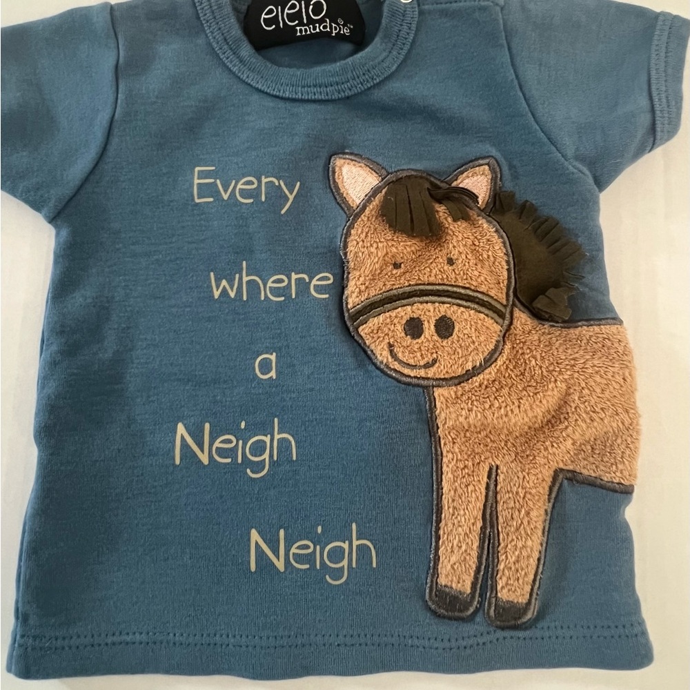 “EIEIO” Mud Pie BRAND, Blue Kids Shirt with Horse Design, size 0-6 months